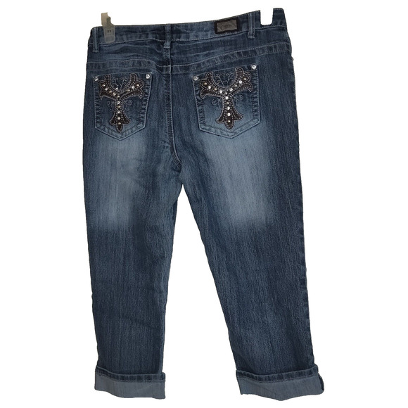 Earl Pants - Earl Jean Denim Capris Blue Jeans Sz 8 Rhinestones Embellished BLING Stretch